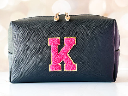 Black Vinyl Boxy Bag – Personalized Travel Pouch with Optional Chenille Patch