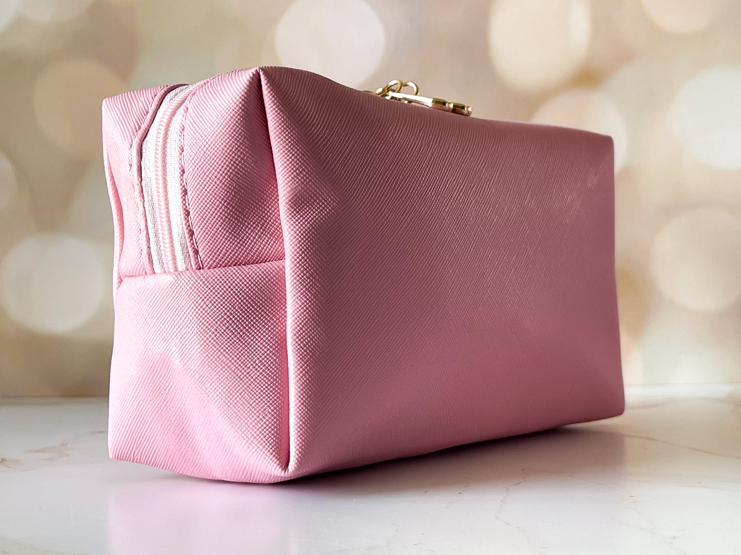 Light Pink Vinyl Boxy Bag – Personalized Travel Pouch with Optional Chenille Patch