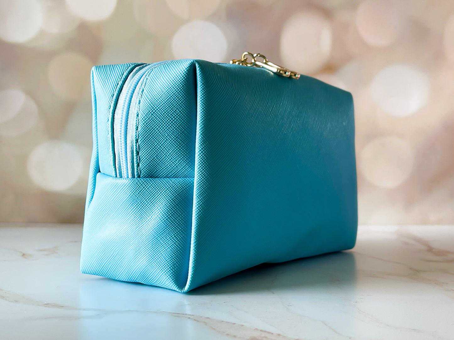 Light Blue Vinyl Boxy Bag – Personalized Travel Pouch with Optional Chenille Patch