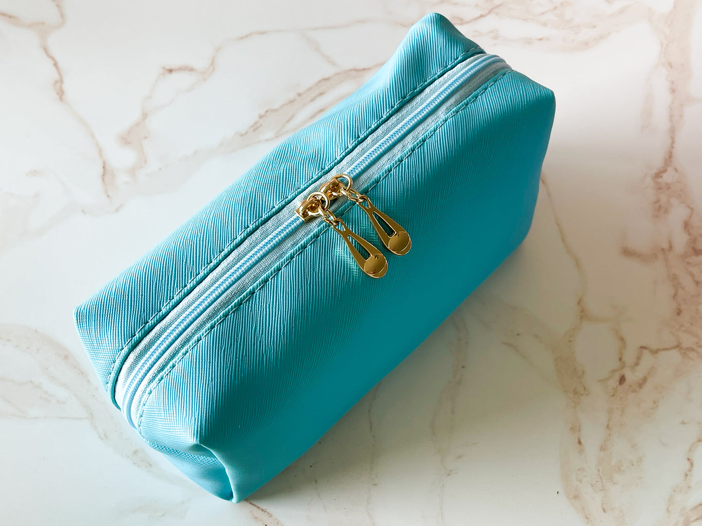 Light Blue Vinyl Boxy Bag – Personalized Travel Pouch with Optional Chenille Patch