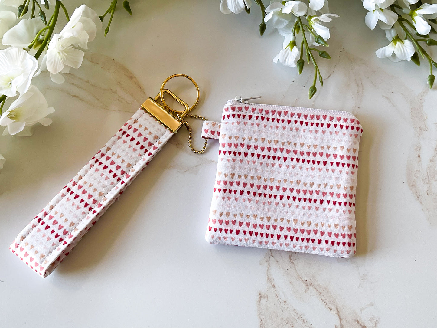 Mini Hearts Zipper Pouch & Wristlet Keychain Bundle – Sweet & Wild Collection