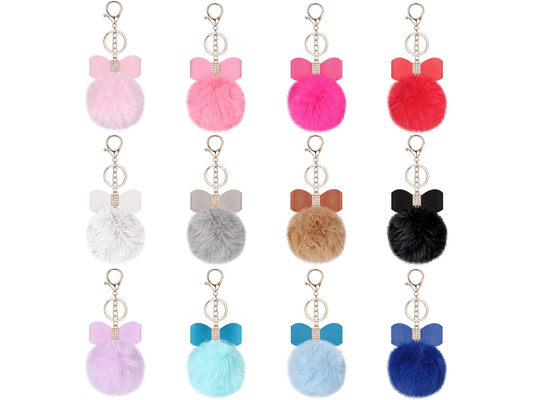 Pom Pom Keychain | Bag Charm | Choose Your Color | Faux Fur Pom Pom with Rhinestone Bow