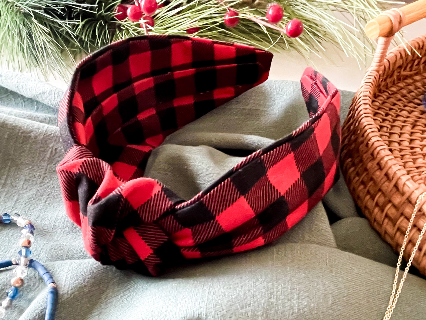 Red & Black Buffalo Check Knot Headband – Cozy Plaid Hair Accessory