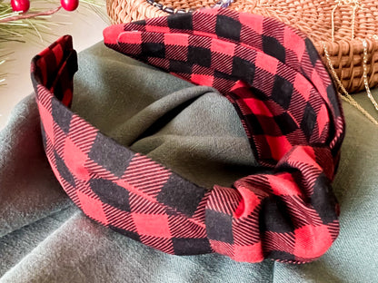 Red & Black Buffalo Check Knot Headband – Cozy Plaid Hair Accessory