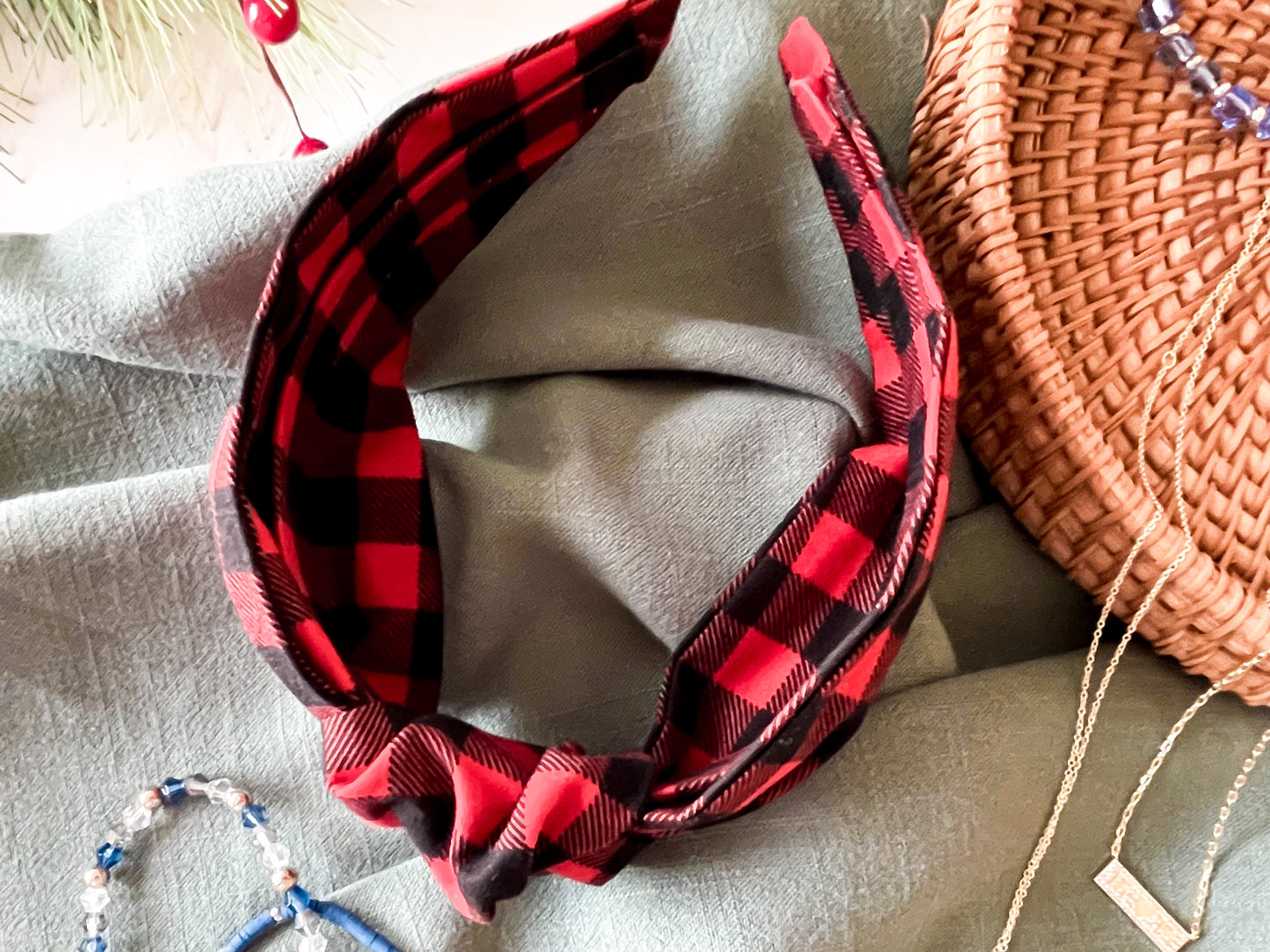 Red & Black Buffalo Check Knot Headband – Cozy Plaid Hair Accessory