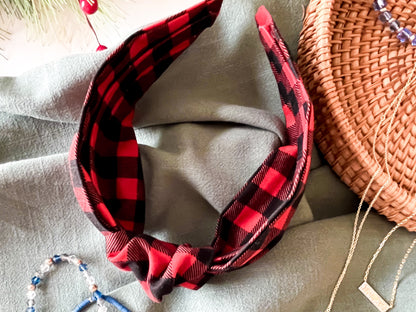 Red & Black Buffalo Check Knot Headband – Cozy Plaid Hair Accessory