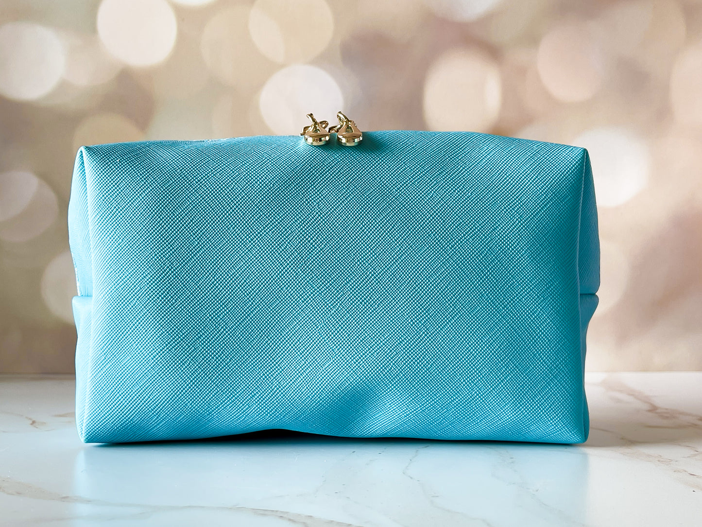 Light Blue Vinyl Boxy Bag – Personalized Travel Pouch with Optional Chenille Patch