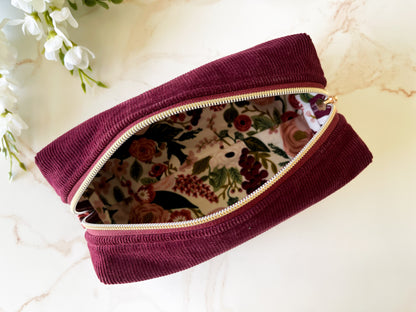 Merlot Corduroy Boxy Bag - Open  fabric pouch with floral interior on a light background